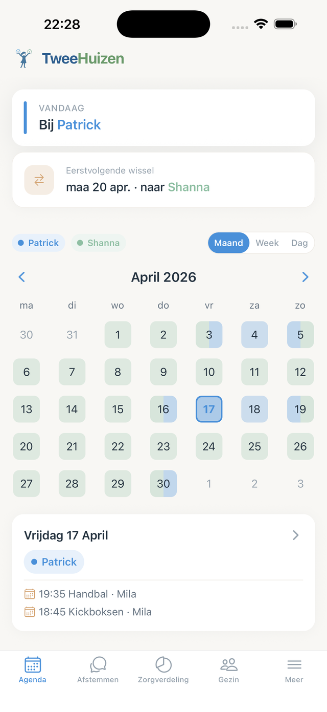 De agenda in TweeHuizen met het zorgrooster: gekleurde dagen per ouder en de eerstvolgende wissel