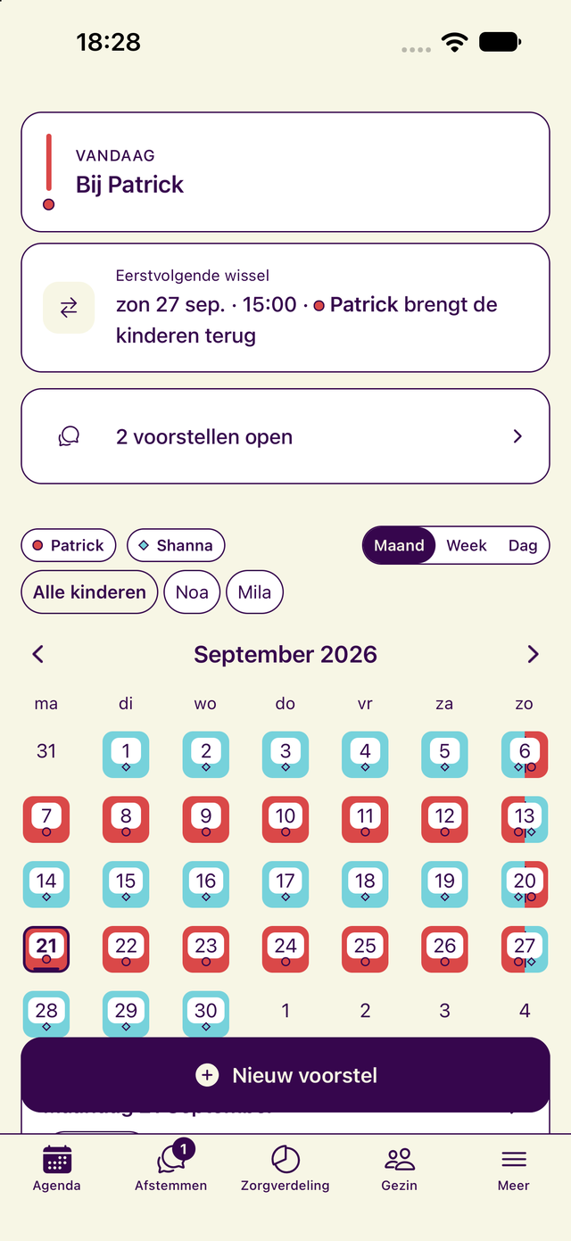 De agenda in TweeHuizen met het zorgrooster: gekleurde dagen per ouder en de eerstvolgende wissel